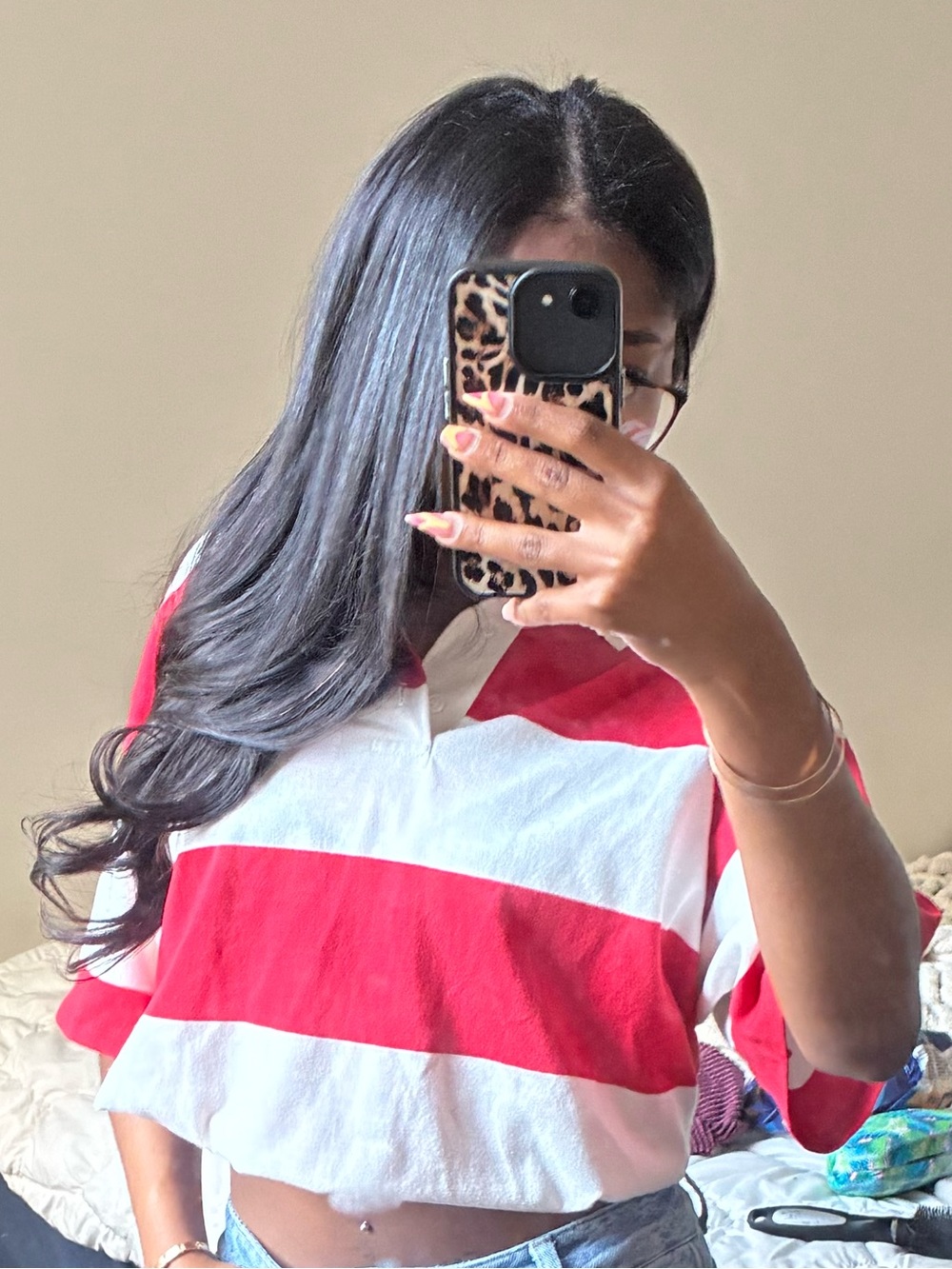 Cropped Red and White Rugby Stripe Short Sleeve Tee